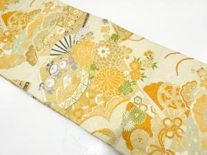 アンティーク　読み本に貝桶・扇・草花模様織り出し丸帯（材料）